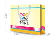 заказать печать Бумажный пакет тираж 200 штук горизонтальный, А4 формата , размер 350х250х90 мм, бумага 200 г/м² + с ламинацией, установка люверсов и ручки-шнурка